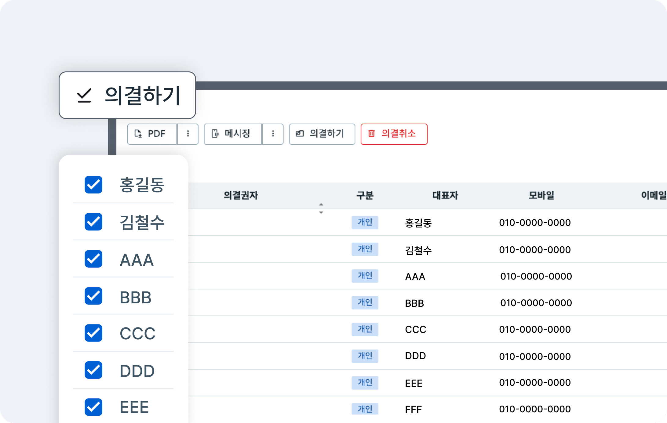 관리자 대상자 명부와 메시징·의결 관리 화면
