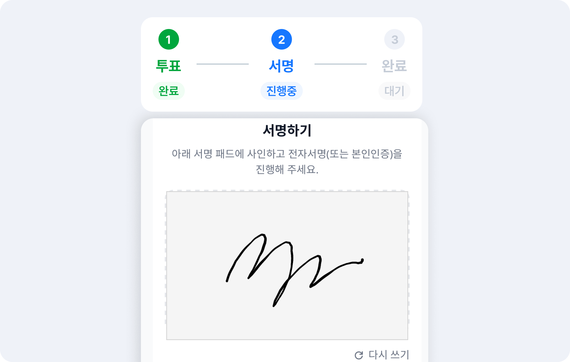 투표 이후 서명 패드에 서명하는 실제 화면